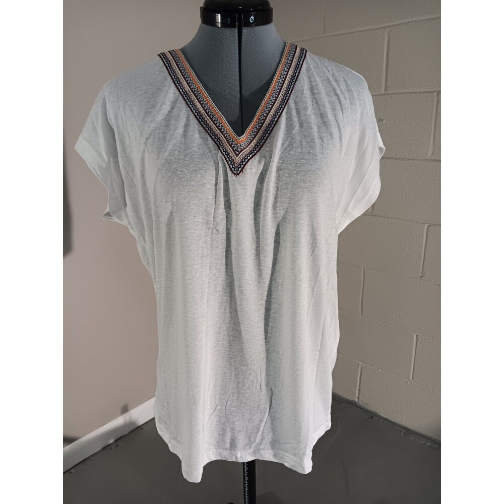 Cozy Co By Cozy Casual Womens Solid V Neck Embroidered Tops White Size X Small